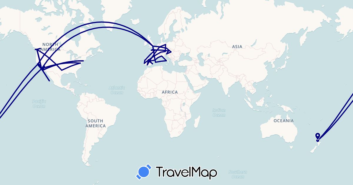 TravelMap itinerary: driving in Austria, Canada, Switzerland, Czech Republic, Germany, Spain, France, United Kingdom, Hungary, Italy, Mexico, New Zealand, Portugal, Slovenia, United States (Europe, North America, Oceania)